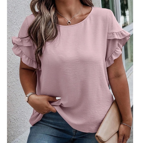 Plus Burgundy Solid Ruffle Petal Short Sleeve Top - Picture 7 of 15